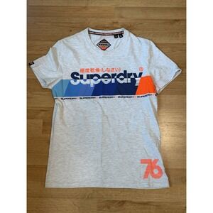 Superdry Mens Graphic T-Shirt Gray Marl Logo Stripe Short Sleeve Tee Large